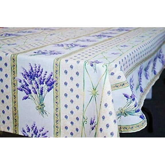 Le Cluny French Provence Tablecloth, 60" x 84" Rectangular, Table Linen, Coated Cotton Easy Care Lavender Cream