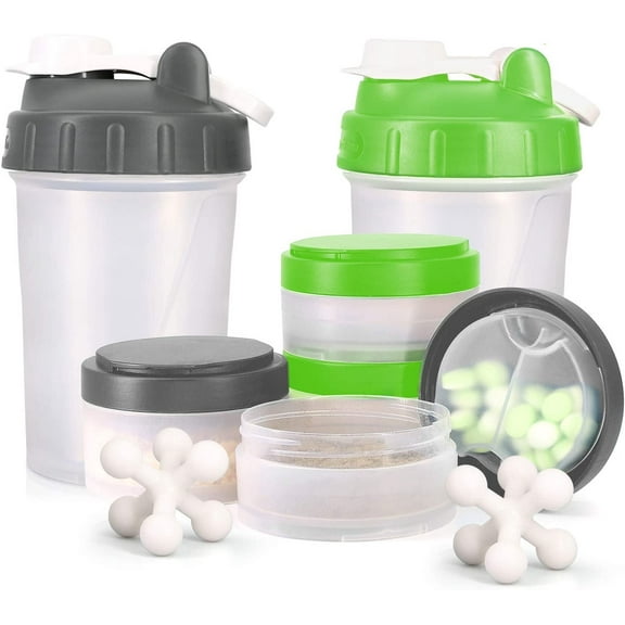 16 OZ Protein Workout Shaker Bottle with Mixer Ball and 2 close-connected Storage Jars for Pills, Snacks, Coffee, Tea. 100% BPA-Free, Non Toxic and Leak Proof Sports Bottle