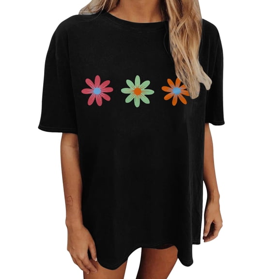 Tiweut T Shirts for Women Loose Short Sleeve Floral Print Retro Pullover Outerwear,Black