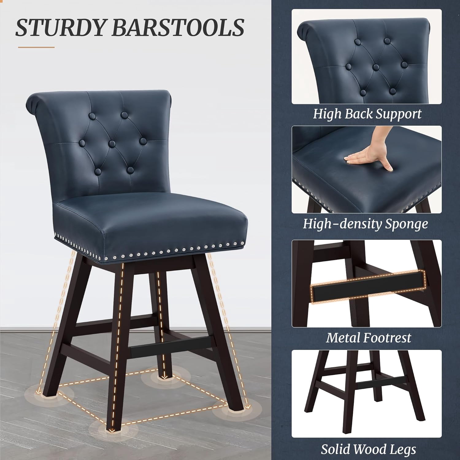 Dycanpo 26'' Swivel Counter Height Bar Stools, Upholstered Barstool with Footrest for Kitchen,Blue-Faux Leather