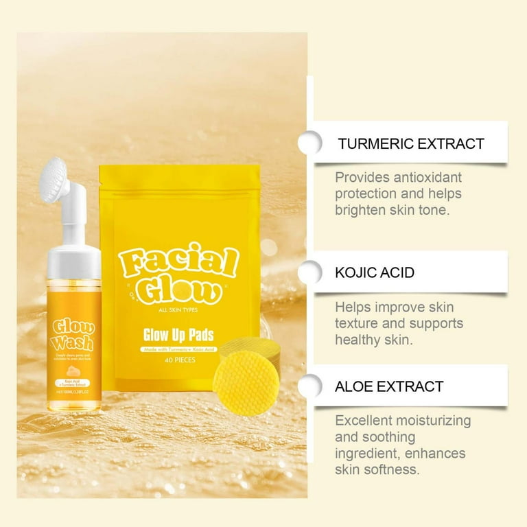 Sugar Baby Turmeric Kojic Pads,Facial Glow+Glow Wash Set Glow Up Pads - Turmeric & Kojic Acid Pads,Kojic Acid and Turmeric Cleansing Pads(4set 5.07FL.OZ/150ML+1 Bag/40 Pieces)from Biweutydys