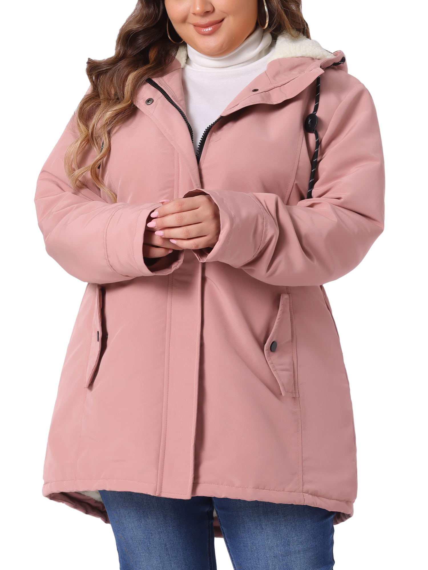 DARING DIVA Women's Plus Size Faux Lamb Fur Leather Button Down Hoodie Coat 2X Pink