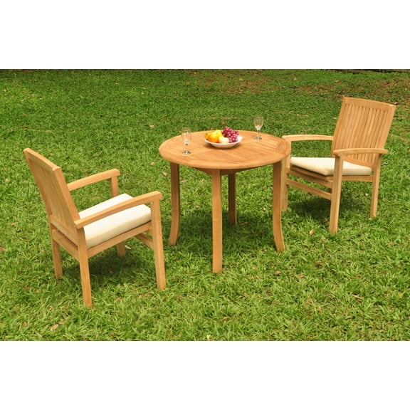 Grade-A Teak Dining Set: 2 Seater 3 Pc: 36" Round Table And 2 Wave Stacking Arm Chairs Outdoor Patio WholesaleTeak #WMDSWVd