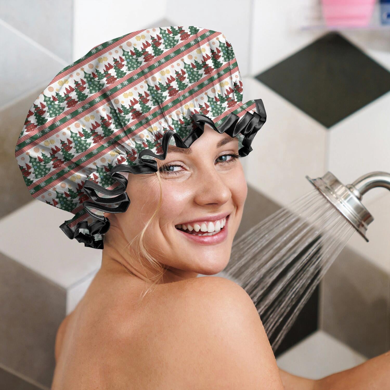 Shower Caps,Multicolor Christmas Tree Pattern Waterproof Shower Cap for Women 4 Pieces,Double Reusable Hair Cover for Shower PEVA Elastic Stretch Hem