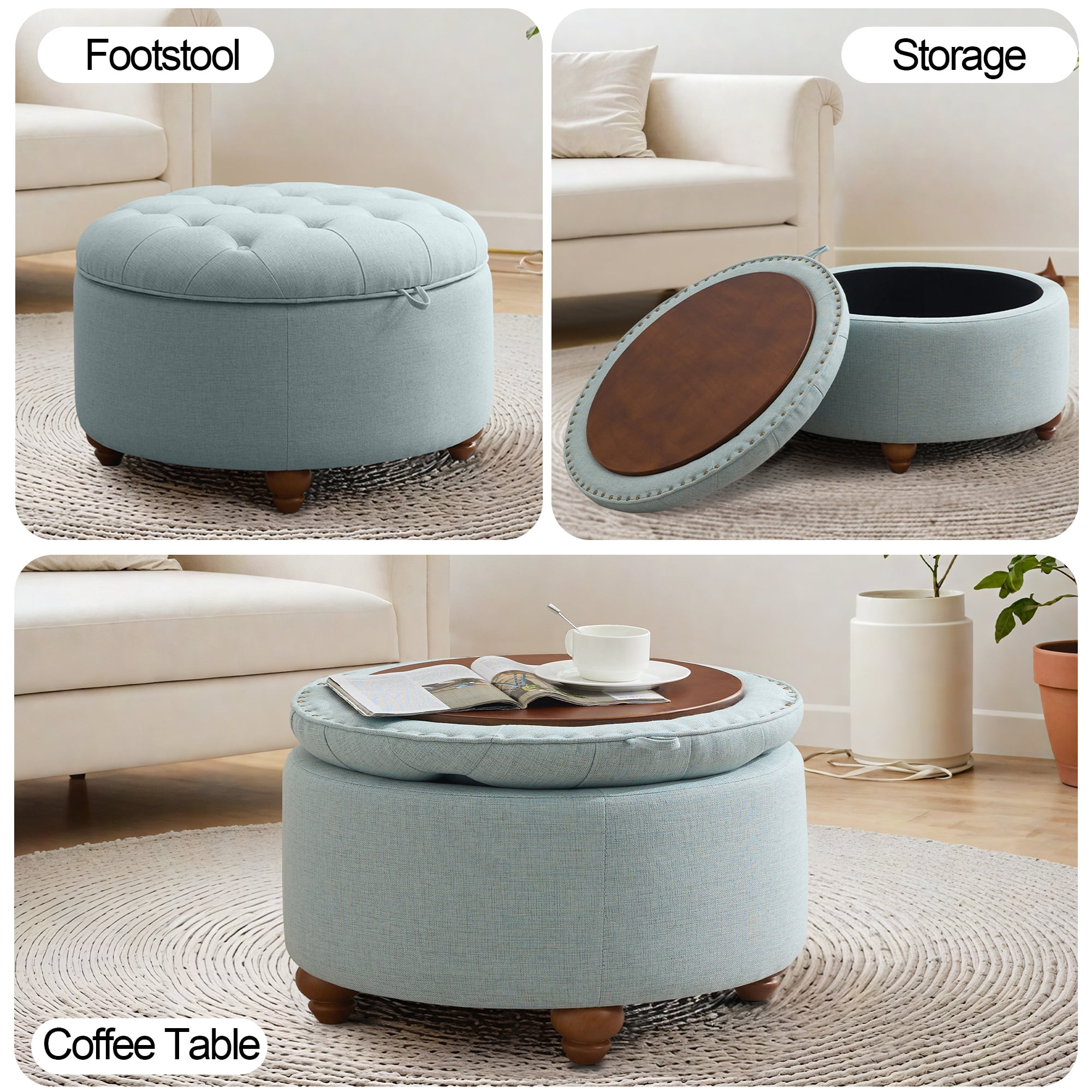 30'' Round Ottoman with Storage, Modern Tufted Fabric Storage Ottoman with Removable Top for Living Room, Bedroom, Light Blue