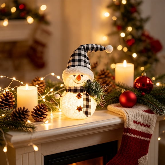 Lighted Snowman Night Light Tabletop Decor, Farmhouse Buffalo Plaid Christmas Figurine with Warm Glow, Cozy Holiday Gift Idea 14.6in