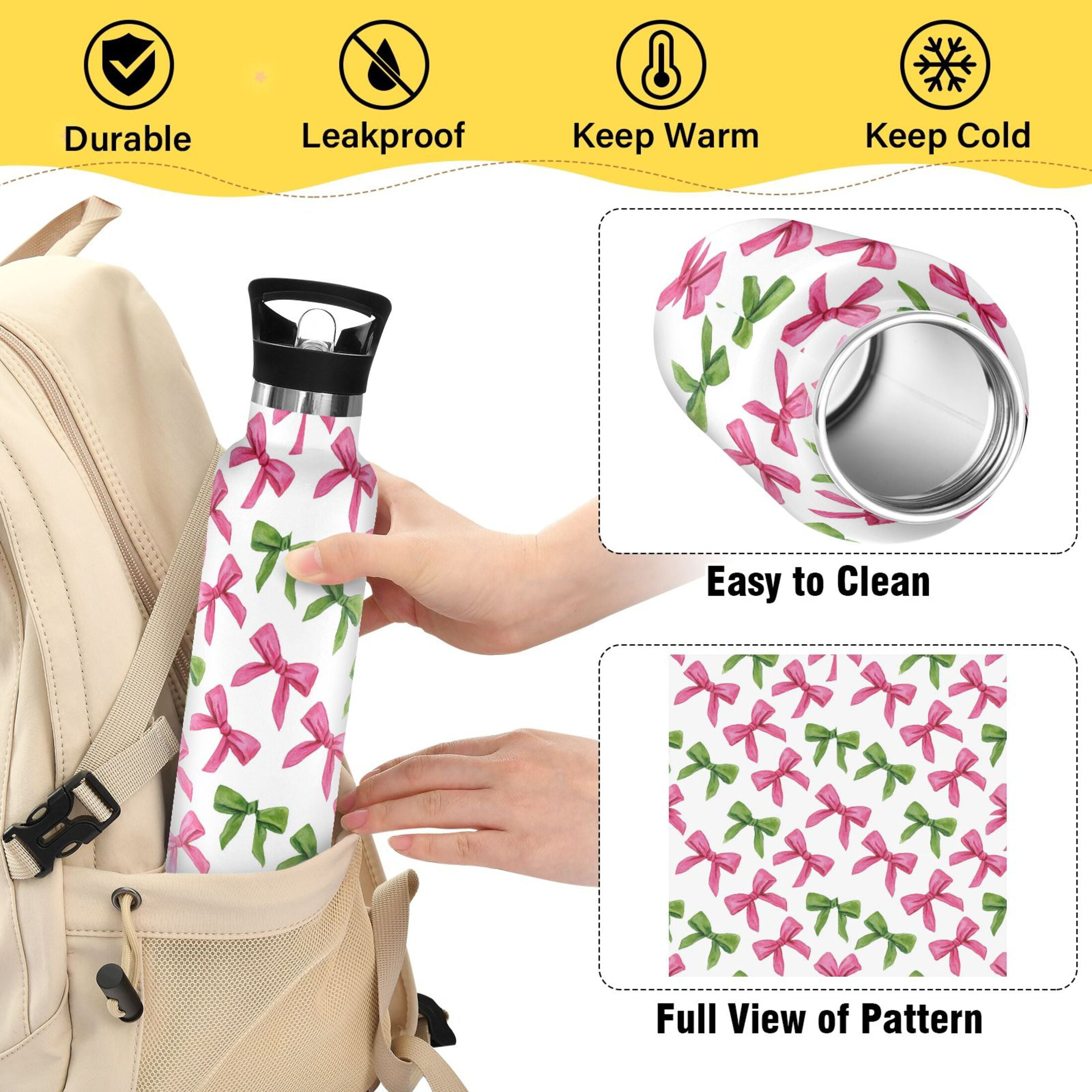 Kids Insulated Stainless Steel Sports Water Bottle 600ml (20oz) Pink Bows and Green Ribbons