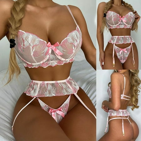

RPVATI Women Sexy Lingerie Set with Garter 3 Piece Floral Babydoll High Waist Underwire Lingerie