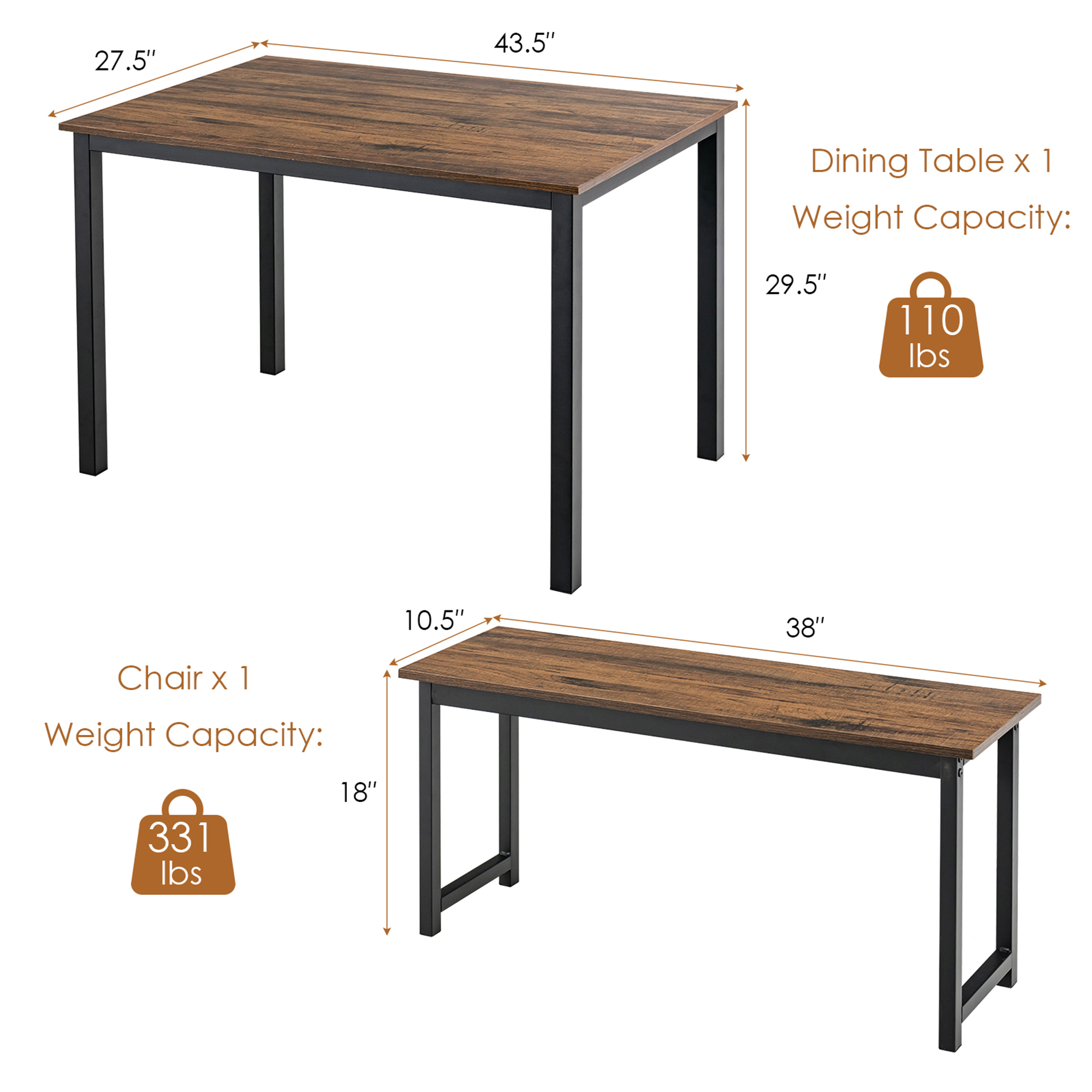 Gymax Brown Modern 3 PCS Dining Table Bench Set w/ Metal Frame & Wooden Tabletop