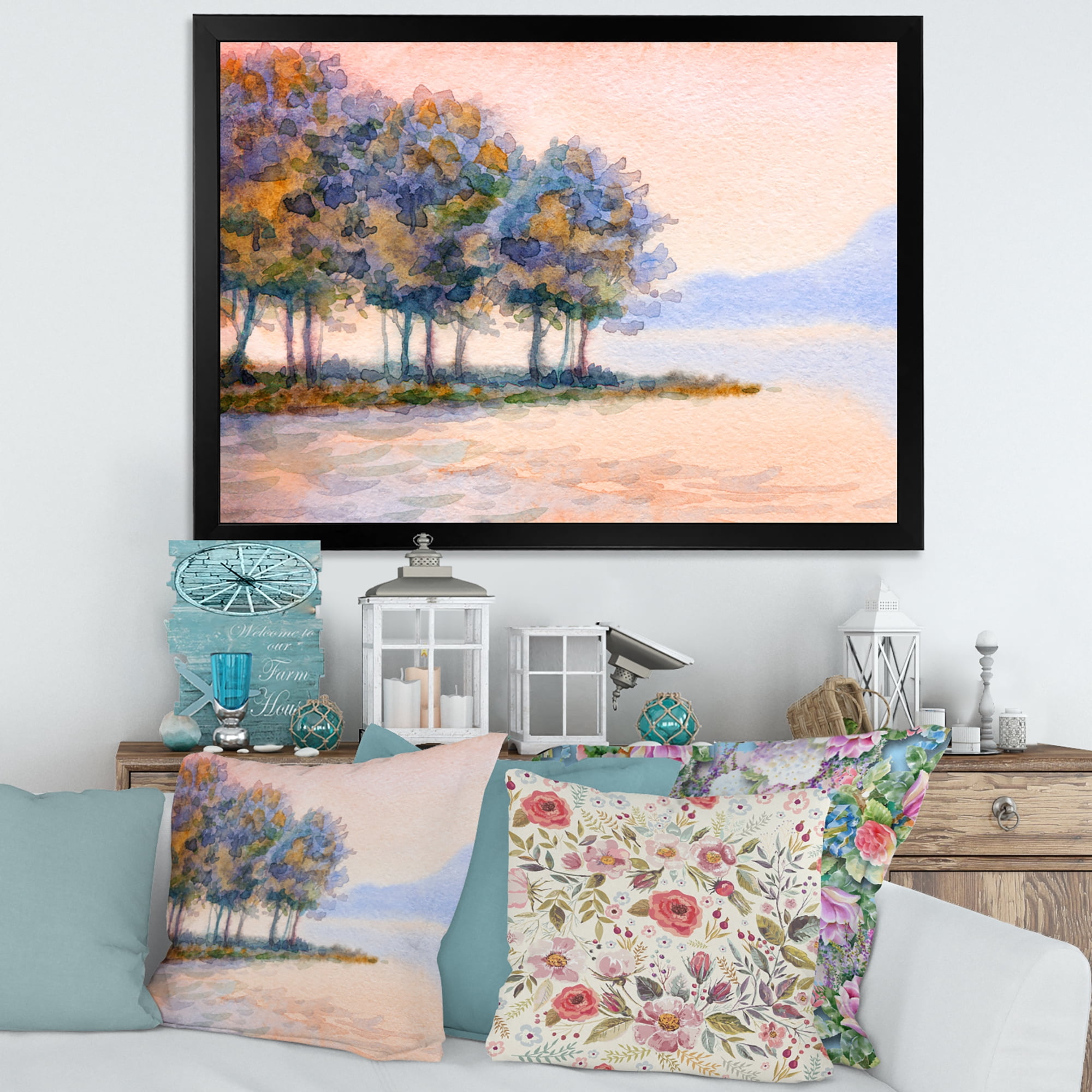 Designart 'The Rural Lake In Sunset Evening II' Traditional Framed Art Print