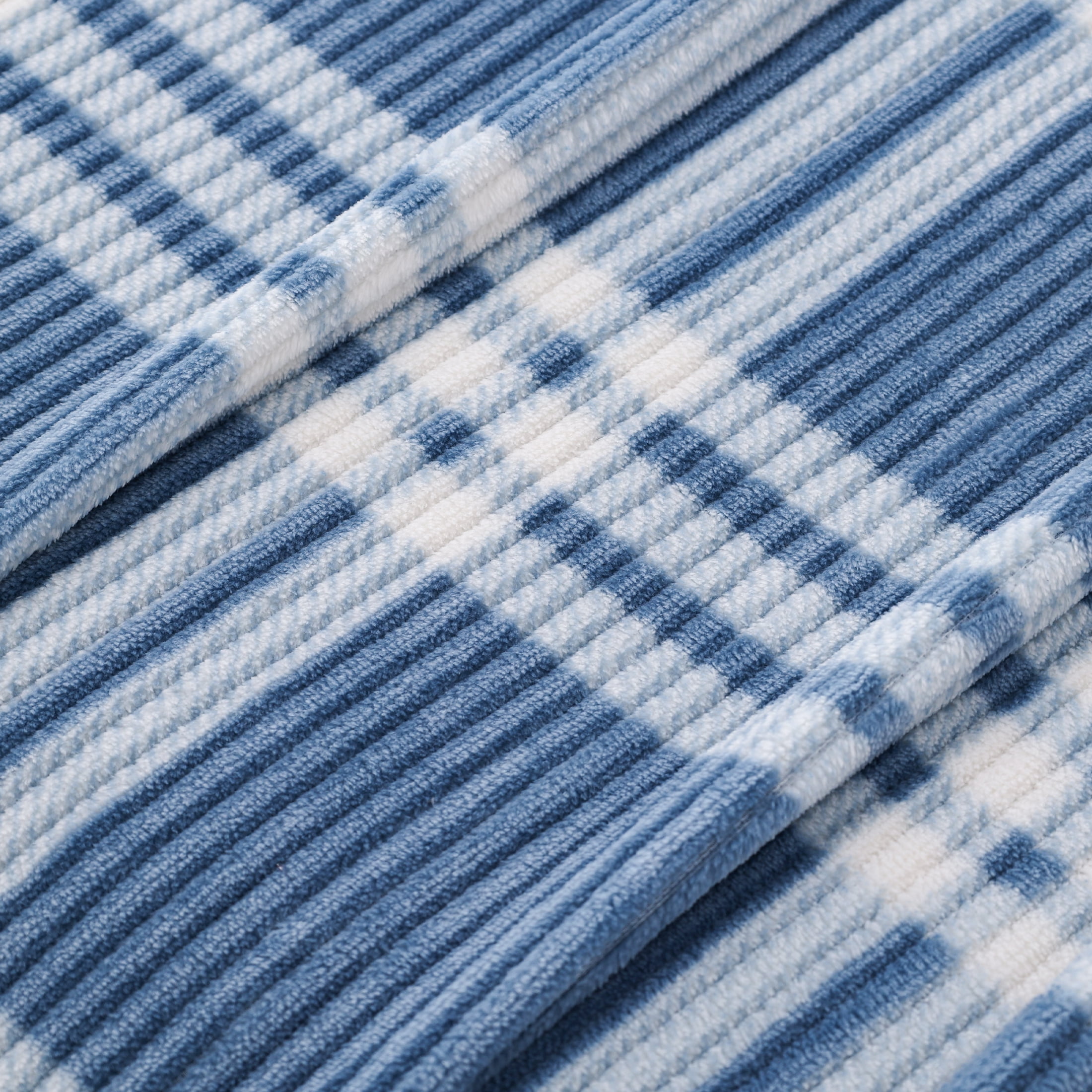 Mainstays Printed Textured Velvet Plush Super Soft Bed Blanket, Full/Queen Size, Blue Corduroy Plaid