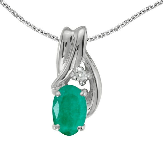 14k White Gold Oval Emerald And Diamond Pendant with 18" Chain