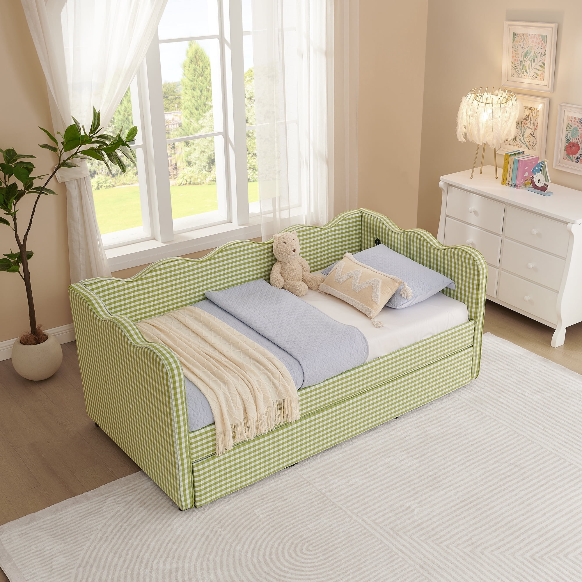 Twin Daybed with Trundle and USB Port, Upholstered Linen Sofa Bed Frame, Gingham Wave Design, No Box Spring Needed for Kids Bedroom, Green