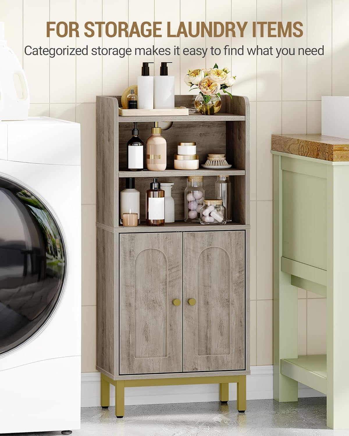 Bathroom Storage Cabinet, Small Floor Cabinet with 2 Door and Shelves, Toilet Paper Cabinets, Bathroom Organizer with Adjustable Shelf, for Small Spaces Greige 7.9" D x 14.6" W x 32.7" H