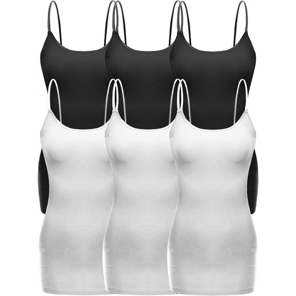 Essential Basic Women's Casual Long Camisole Top with Adjustable Strap 6 Pack, 3Black 3White, Large