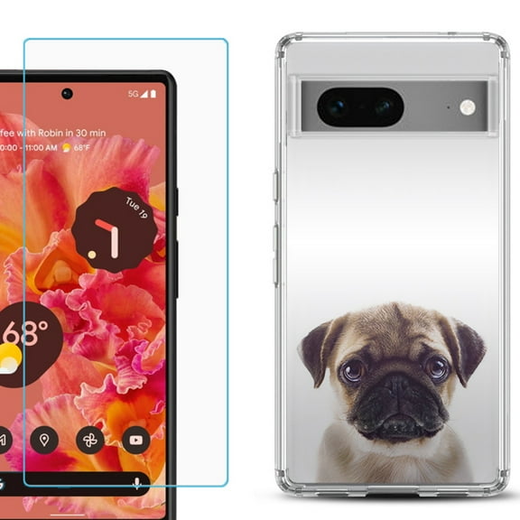 Slim-Fit Gel TPU Phone Case for Google Pixel 7, with Tempered Glass Screen Protector, by OneToughShield ® - Pug Face