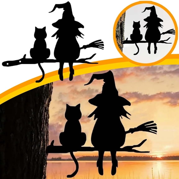 Rovga Vintage Decor Stainless Steel Hanging Decoration Witch And Cat Stake Witch Cat Garden Sign | Outdoor Decor | Black Metal Cat Garden Silhouette Stylish And Creative 25X20Cm Black