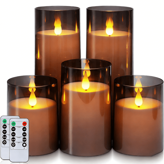 Homemory Gray Flickering Flameless Candles, Battery Operated Acrylic LED Pillar Candles with Remote Control and Timer, Set of 5