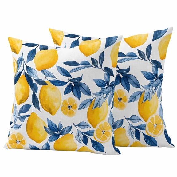 Outdoor Waterproof Pillow Covers Watercolor Lemon Blue Leaves on White Decorative Throw Pillow Protectors,Pillowcase Cushion Cases for Patio Sofa Garden Couch,16x16in,Pack of 2