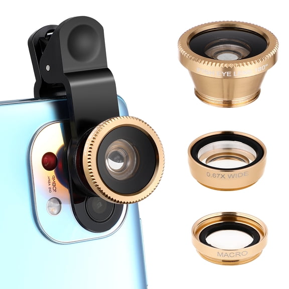 HOMEMAXS Phone Camera Lens with Super Wide Angle Macro and Fisheye 3 in 1 Aluminum Alloy and Glass for Photography Golden