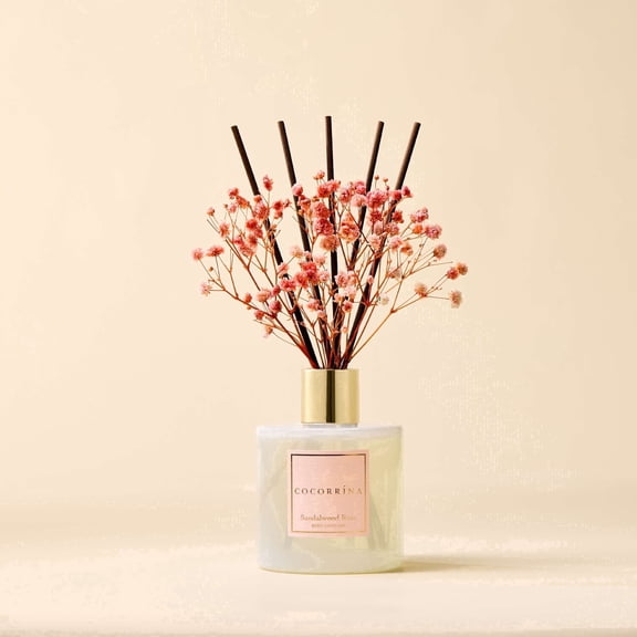 COCORRÍNA Sandalwood Rose Reed Diffuser Set with Dried Flowers, 6.7 fl oz Glass Bottle, Long Lasting Decor Scent for Bedroom, Bathroom & Indoor Spaces