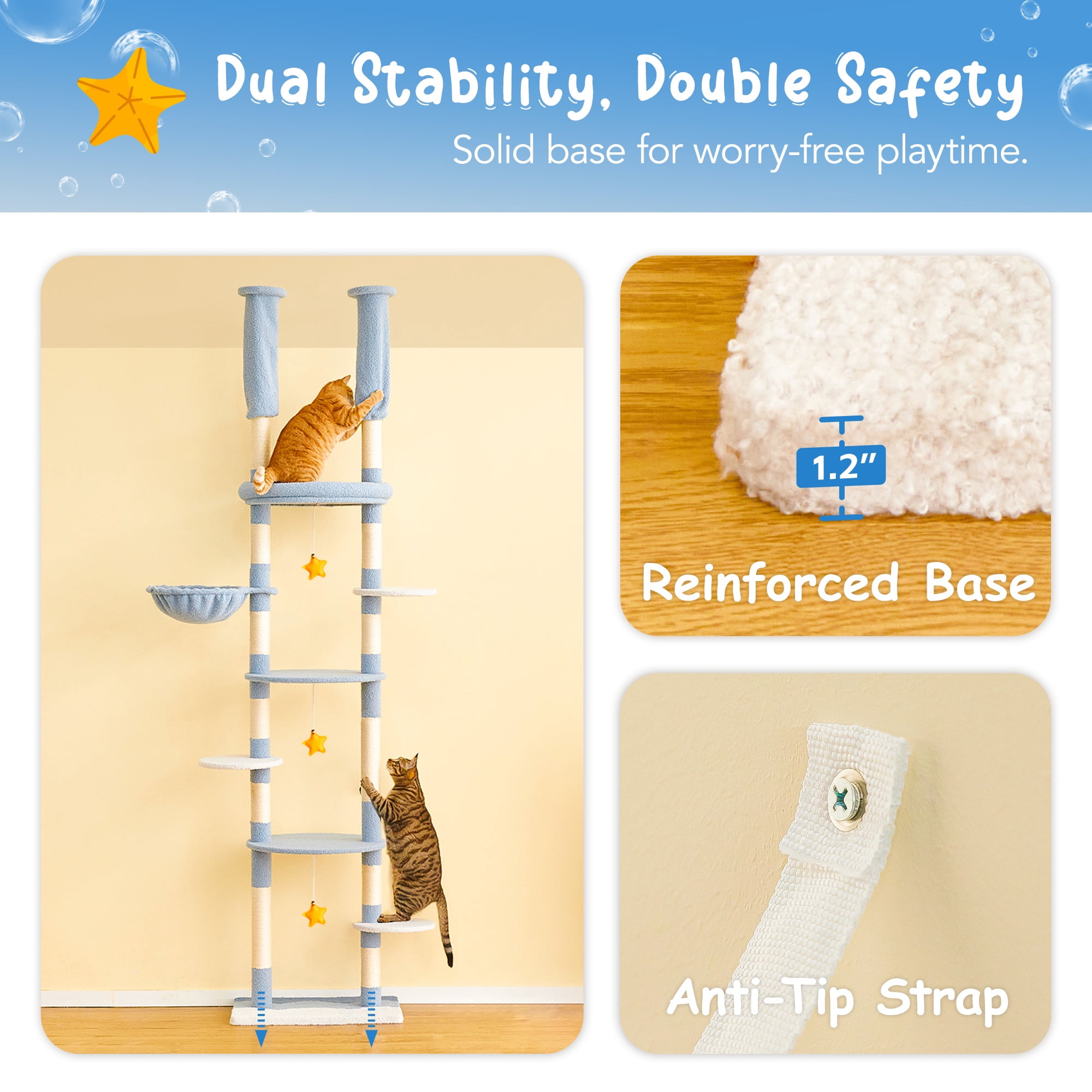 Furcato 92.1"-101.6" Adjustable Height Cat Tree, Floor to Ceiling Cat Tower, 7 Tiers Cat Climbing Tree with Hammock, Blue