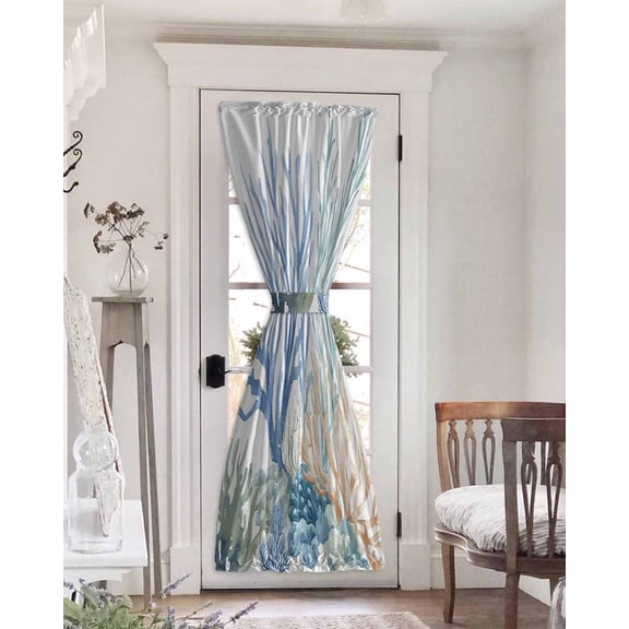 Blue Teal Coral Blackout Curtains French Door Curtains for Door Window, Watercolor Coastal Summer Privacy Drapery for Patio/Sidelight Doors, 1 Panel with Tieback, 25 x 72 Inches