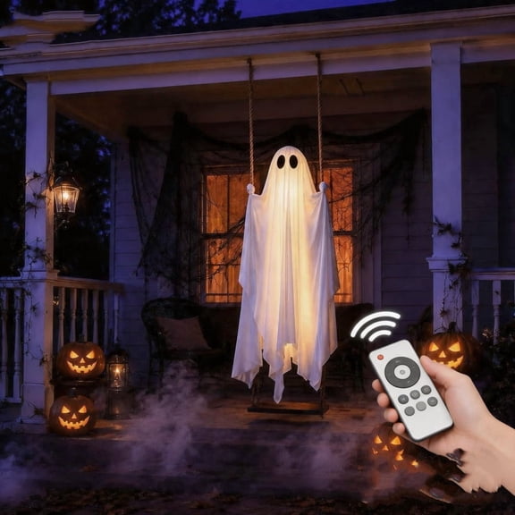 5FT Large Hanging Swing Ghost 2026 Halloween Decor with Remote Control String Lights, Spooky Glowing Ghost Ornament for Indoor Outdoor
