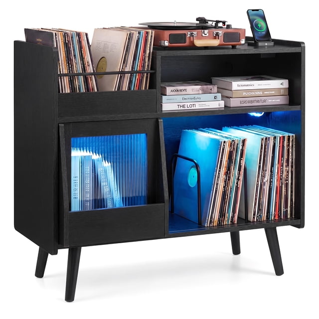 Gymax Record Player Stand w/LED Light Power Outlets Sliding Door Vinyl Storage Holder Black