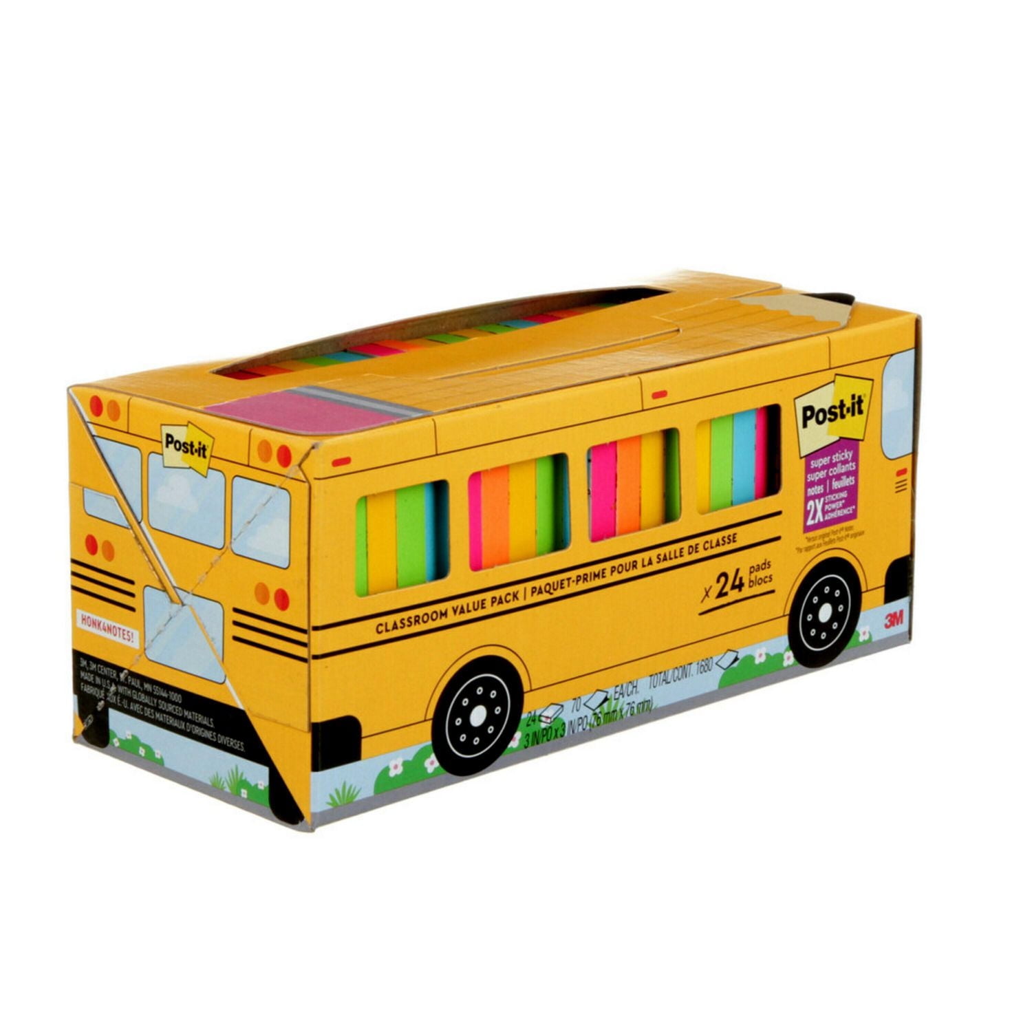Post-it® Super Sticky Notes 654-24SSBUS, Classroom Value Pack, 24 Pads/Pack, 70 Sheets/Pad