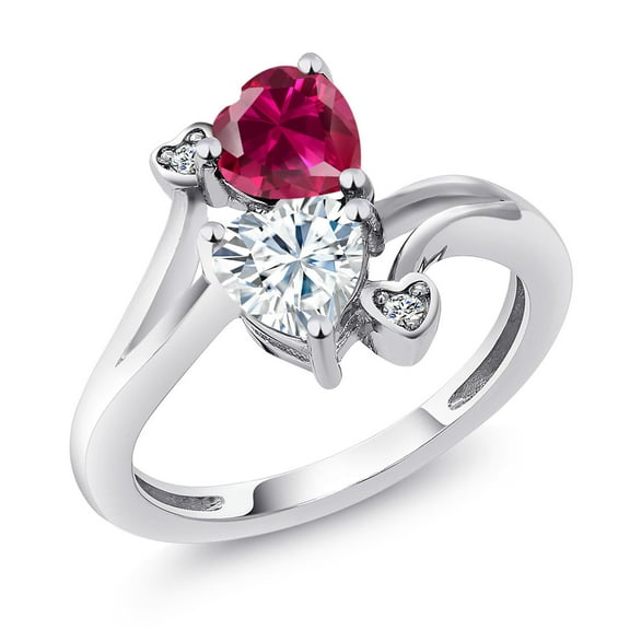 Gem Stone King 925 Sterling Silver Red Created Ruby White Moissanite and White Lab Grown Diamond Ring for Women (1.79 Cttw, Heart Shape 6MM, Gemstone July Birthstone, Size 7)