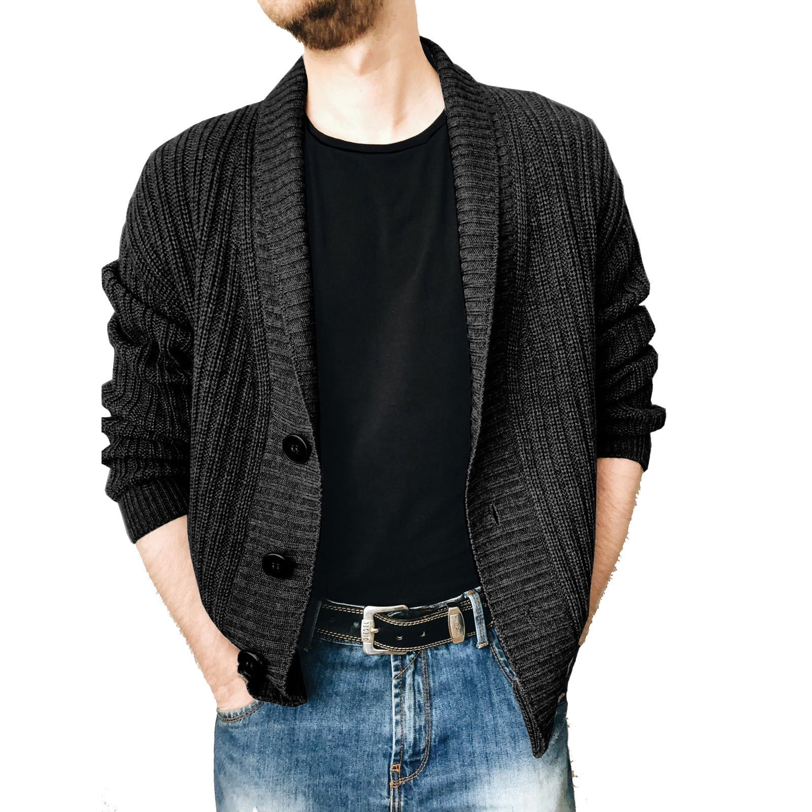 Men's Knitted Cardigan Fashion Solid Color Lapel Longsleeved Single