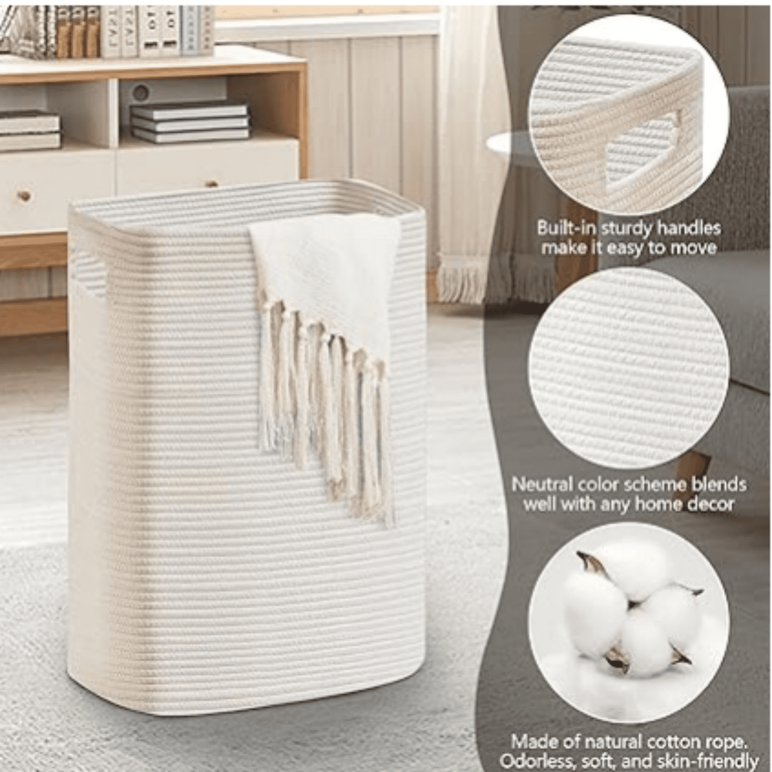 16"x13"x22" - Tall Woven Laundry Basket, Cotton Rope Dirty Clothes Hamper, Baby Kids Nursery Wicker Laundry Basket, Bedroom Aesthetic, Soft Laundry Bin, White Hamper, 75L