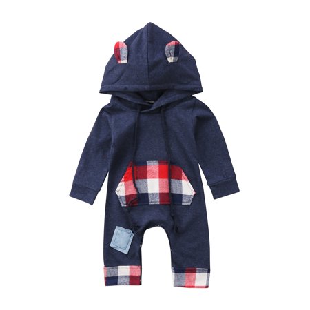 

Newborn Baby Boy Girl Long Sleeves Hooded Romper Warm Plaid Cotton Jumpsuit Clothes Outfits 0-18M