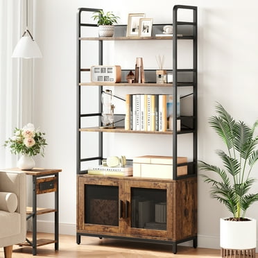 Homefan Bookshelf with Doors Industrial Bookcase with 4 Tiers Open Storage Shelves Rustic Bookshelves Tall Display Rack Cabinet Farmhouse Bookshelf for Bedroom, Living Room, Home Office, Brown