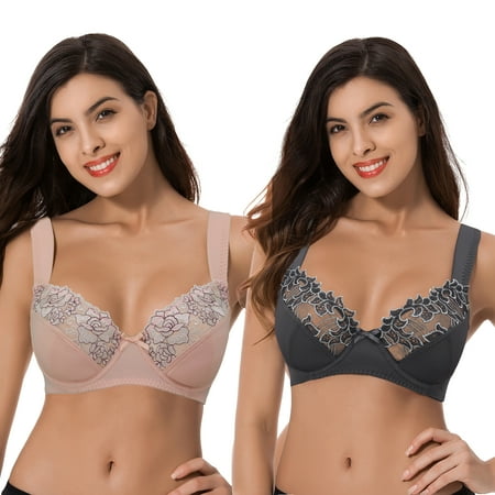 

Curve Muse Womens Plus Size Minimizer Underwire Bra With Lace Embroidery-2 Pack-Pink Dark Grey-46D