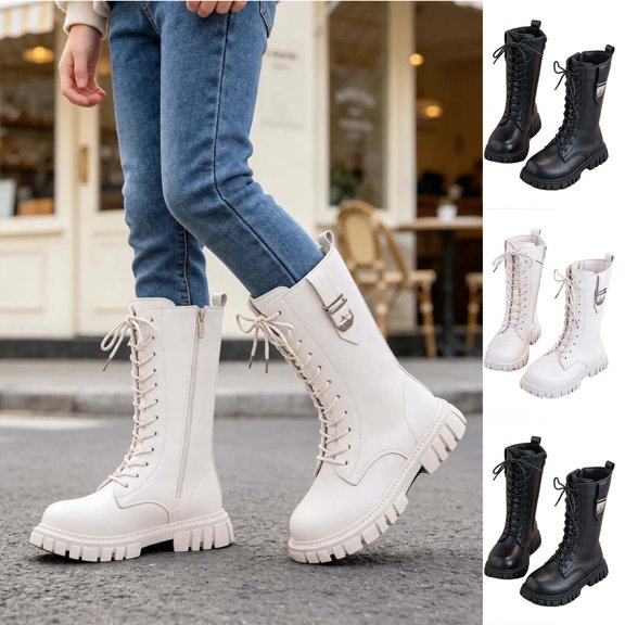 Kids Fall Winter Knee High Combat Boots Lace up Buckle Side Zipper Pu Faux Leather Thick Non Slip Long Shaft Boots for Girls Little & Big Kids White