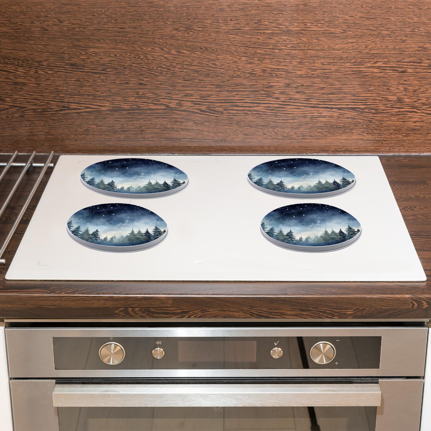 Stove Burner Covers 4 Pcs for ,Winter Pine Trees and Snowfall creative, Round Gas Stove Burner Cover 8Inch And 10Inch