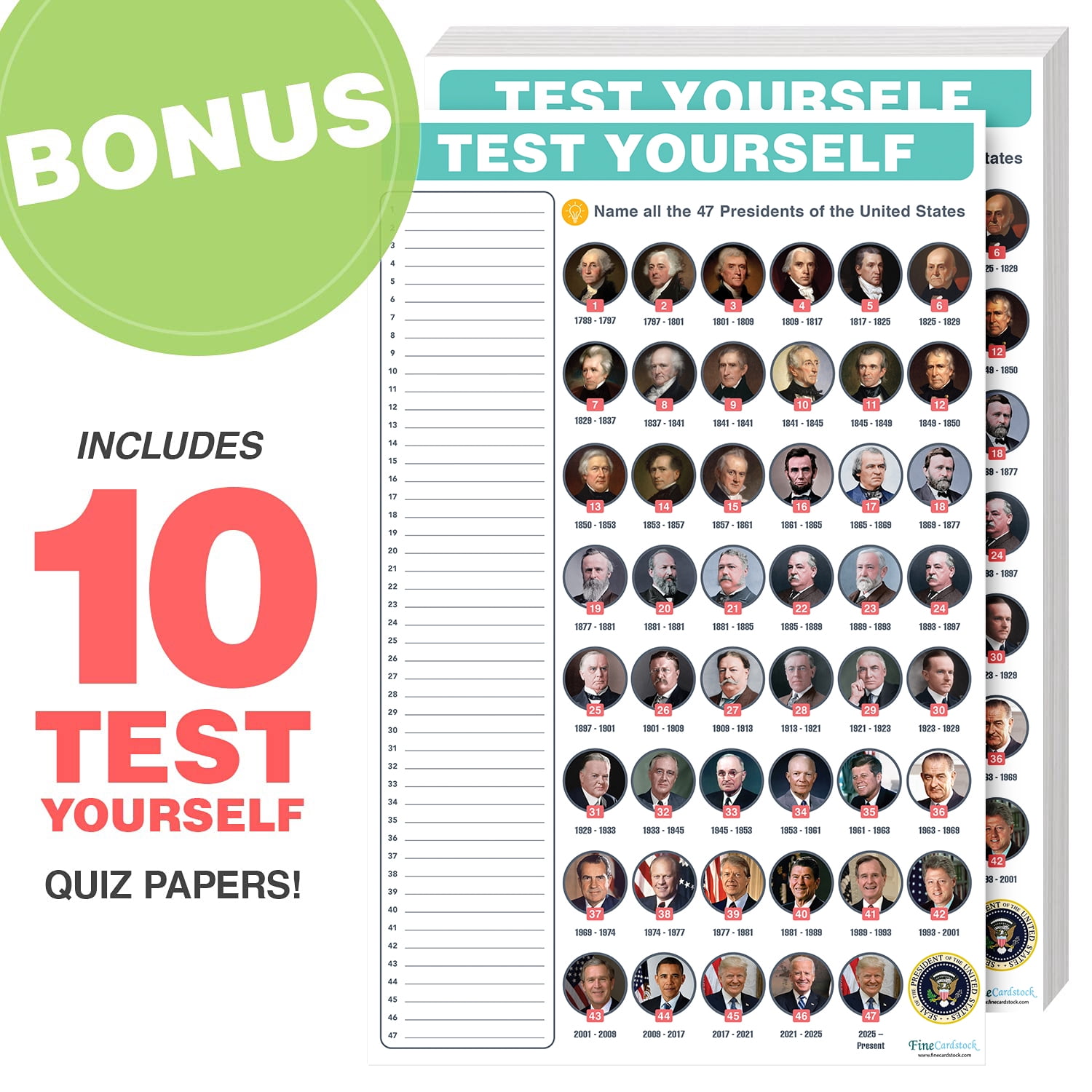 Presidents of the United States Educational Chart – Great Learning Tool for Kids | Perfect for Home, School and Office Use | 80lb Cardstock (216gsm) | 11 x 17” | 10 per Pack