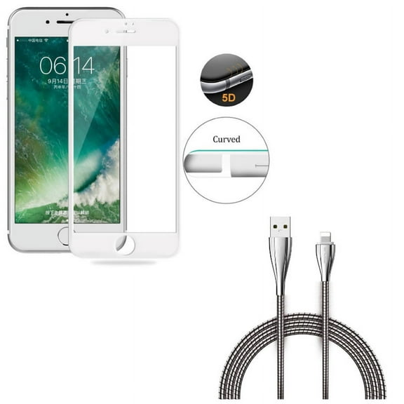 iPhone 8/7/6S/6 - 6ft Metal USB Cable w Tempered Glass Screen Protector - Charger Cord Power Wire Braided Long, 5D Touch Curved Edge Full Cover Bubble Free Case Friendly for iPhone 8/7/6S/6