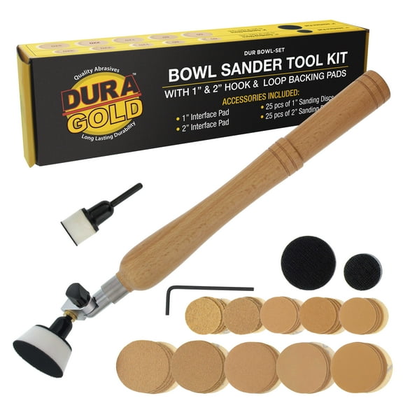 Dura-Gold Bowl Sander Tool Kit with 1" & 2" Hook & Loop Backing Pads, 50 Sanding Discs - Dual Bearing Head, Hardwood Handle, 1/4" Mandrel - 60, 80, 120, 220, 320 Grit Sandpaper - Sand Woodworking