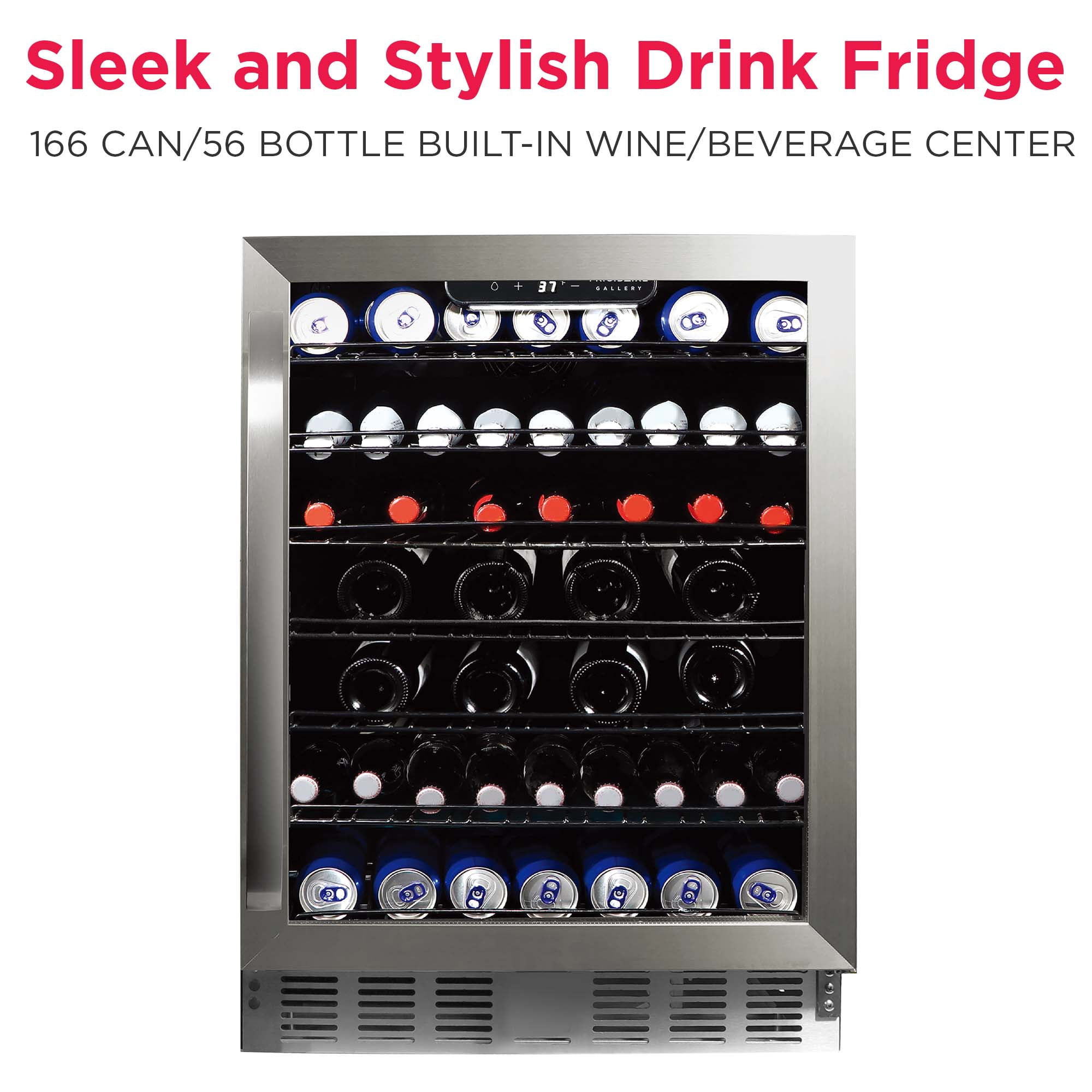 Frigidaire Gallery 24" Beverage Refrigerator with Glass Door, Holds 166 Cans or 56 Bottles, Built in or Freestanding Under Counter Beverage Fridge with LED Light