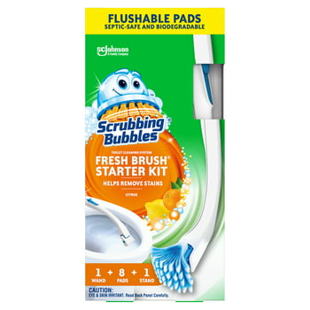Scrubbing Bubbles Fresh Brush Starter Kit, Citrus - Toilet Cleaning System with Flushable Pads (19 Inch Handle, 8 Pads and 1 Stand)