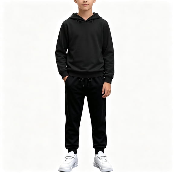 BCSIOAOI Boys 2 Piece Outfit,Solid Pullover Hoodie Drawstring Sweatpants Matching Set Black 5-6 Years