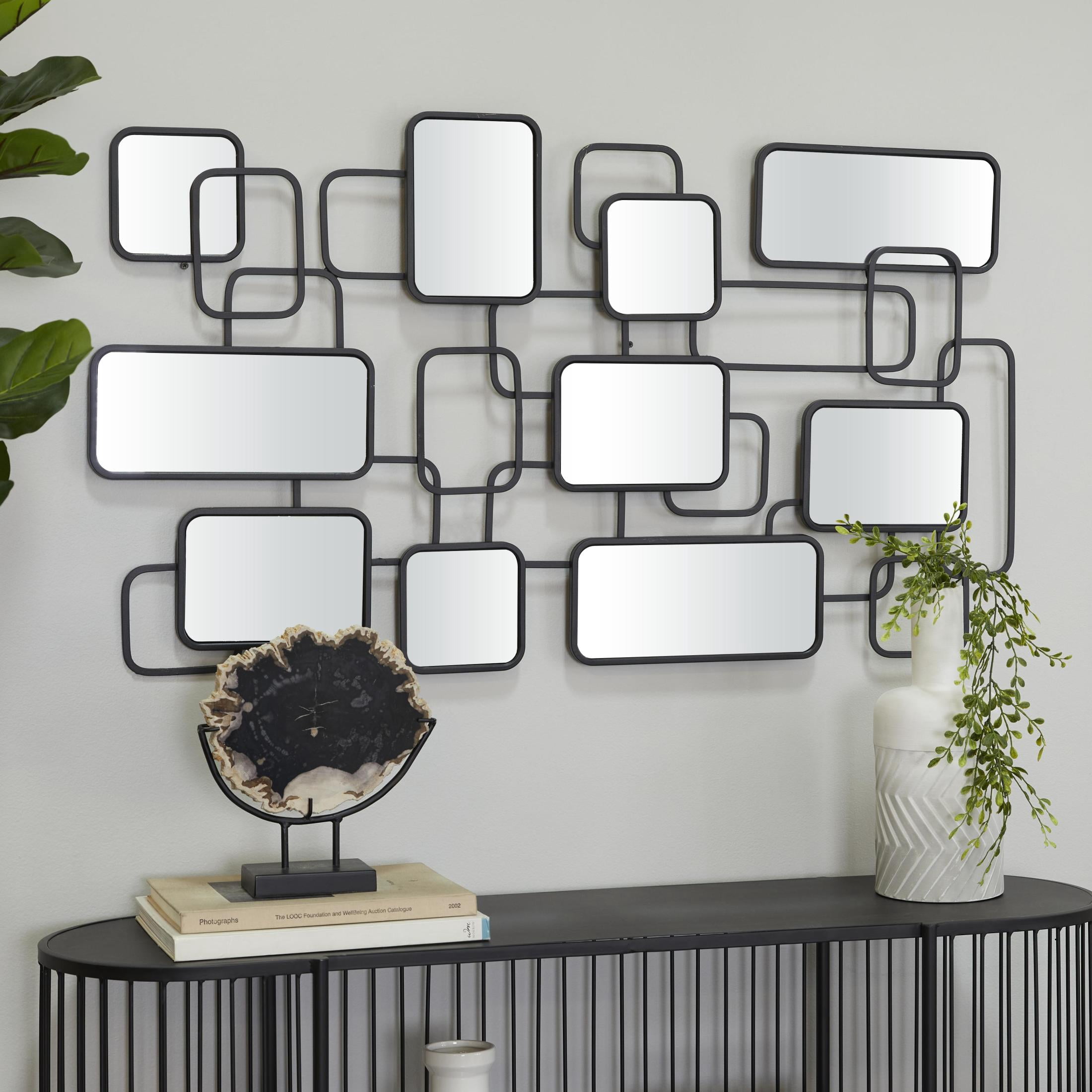 CosmoLiving by Cosmopolitan Black Metal Geometric Overlapping Rectangle Room Wall Mirror with Wire Rod Outlines, 45" x 1" x 26"