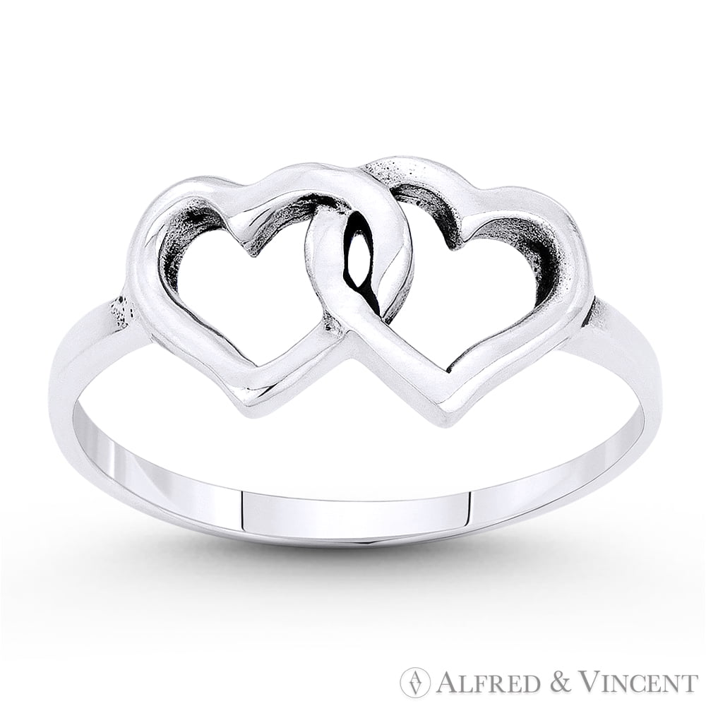 8x13mm Double Heart Charm Stackable Love Promise Ring in Oxidized .925 Sterling Silver