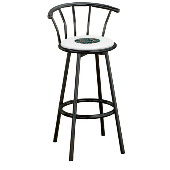 The Furniture King Bar Stool Black Metal with an Outdoor Adventure Themed Decal (Fishing Aqua - White)