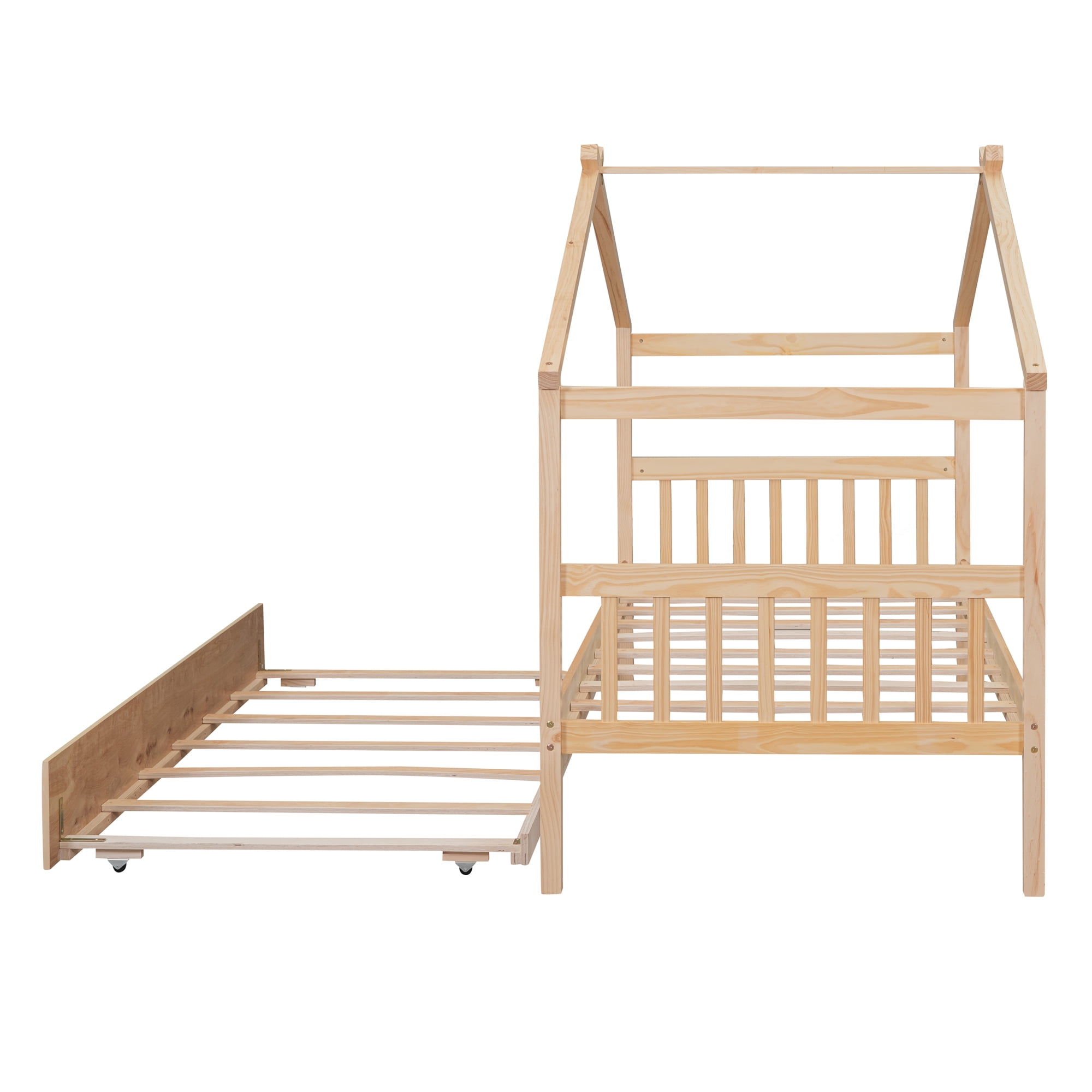 Bellemave Twin Size House Bed with Trundle, Wood Platform Bed Frame with House Shape Roof forTeens(Natural)