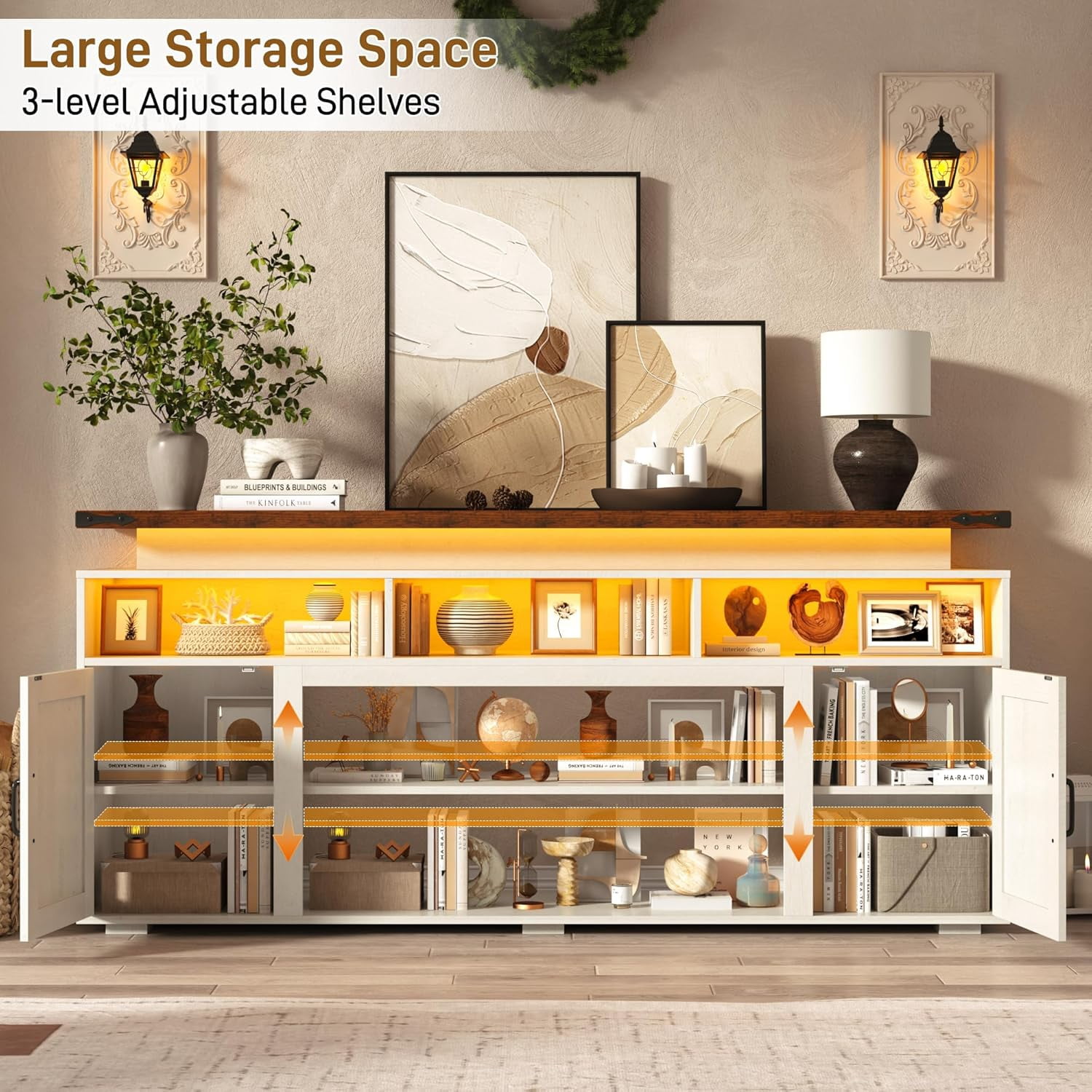 ChVans 70.8" Farmhouse TV Stand for TVs up to 85" with LED Lights, 32" Tall Entertainment Center with Power Outlet & Sliding Barn Door, Farmhouse Media Console for Living Room, White-brown