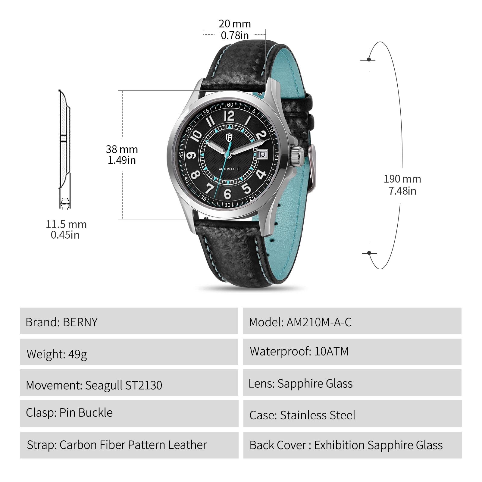 BERNY Men's Automatic Watch, Leather Strap Mechanical Watch with Date, Super Luminous, Sapphire Crystal, 10ATM Waterproof, Fashion Casual Wristwatch for Men (Blue)